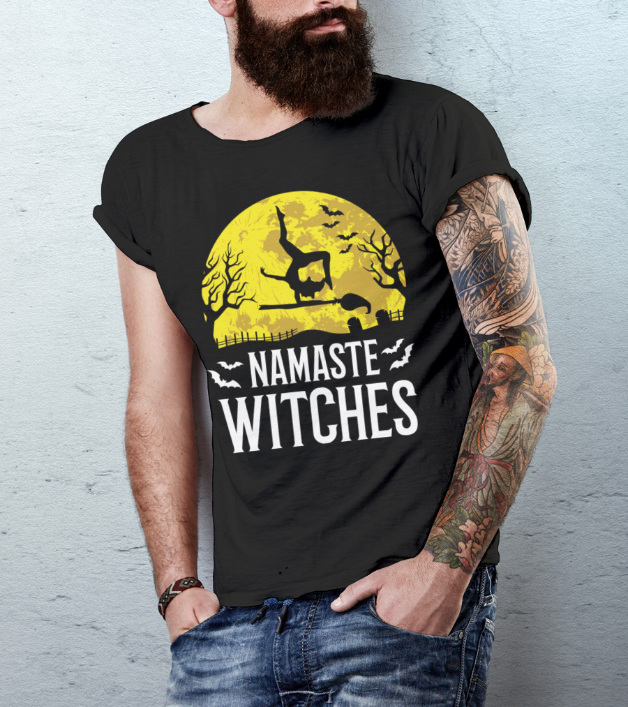 Namaste Witches Funny Yoga Halloween Moon Bats T-Shirt
