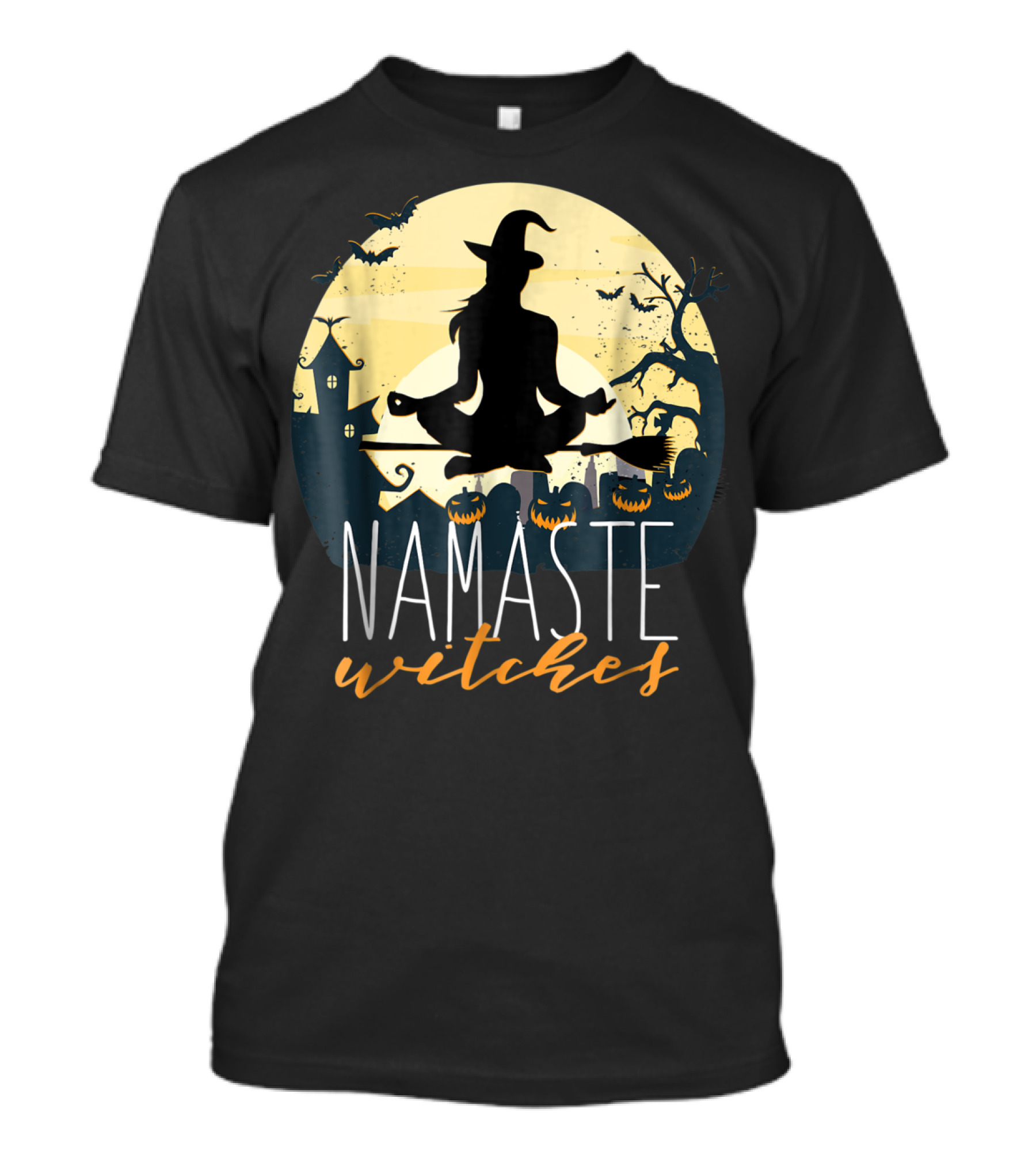 Namaste Witches Halloween Yoga Meditation Silhouette With Pumpkins And Bats T-Shirt