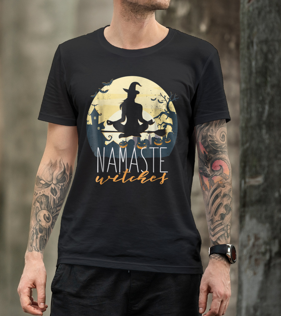 Namaste Witches Halloween Yoga Meditation Silhouette With Pumpkins And Bats T-Shirt