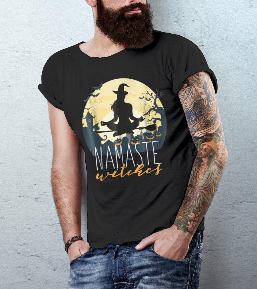 Namaste Witches Halloween Yoga Meditation Silhouette With Pumpkins And Bats T-Shirt