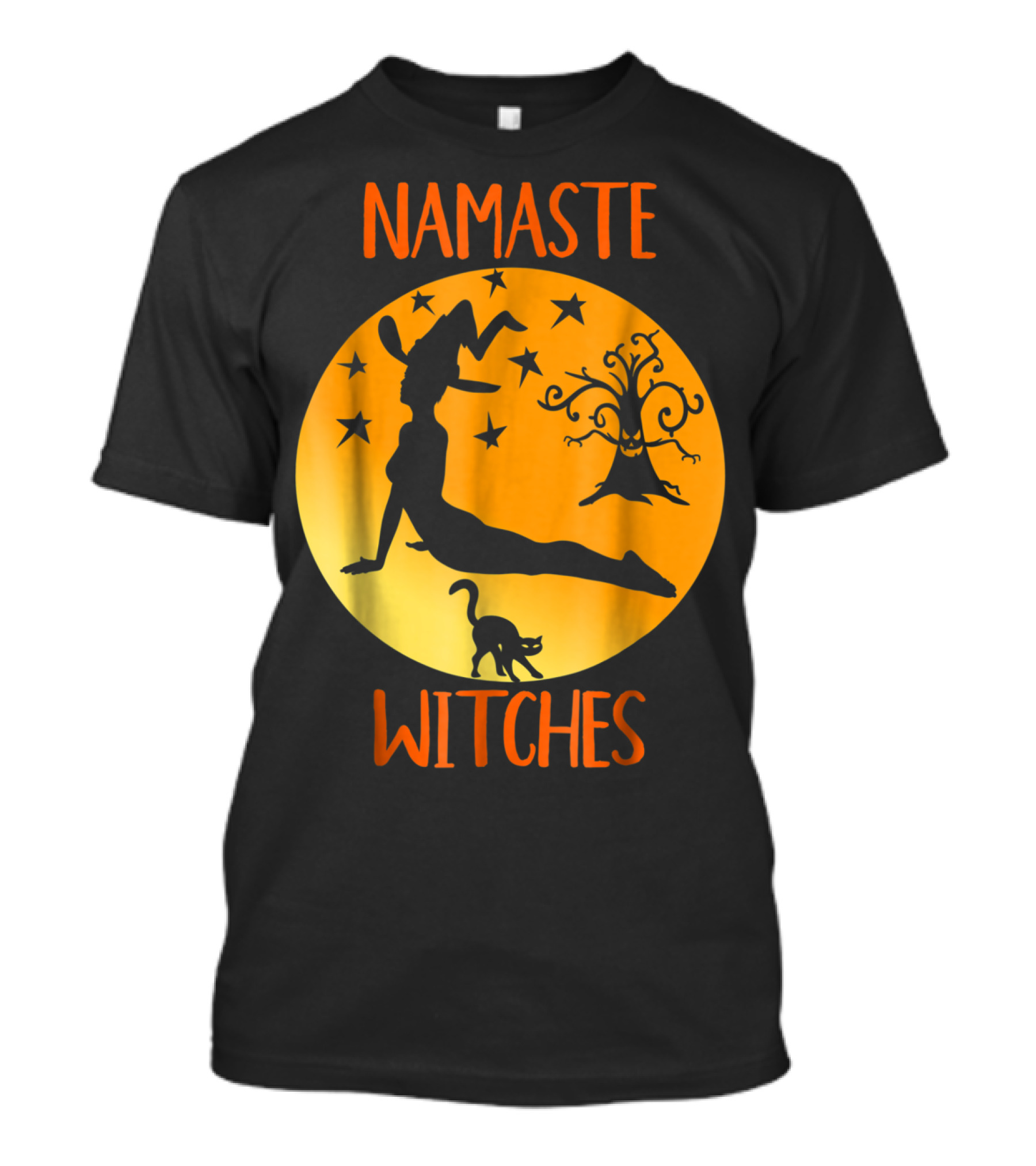 Namaste Witches Halloween Yoga Witch Silhouette With Stars And Cat T-Shirt
