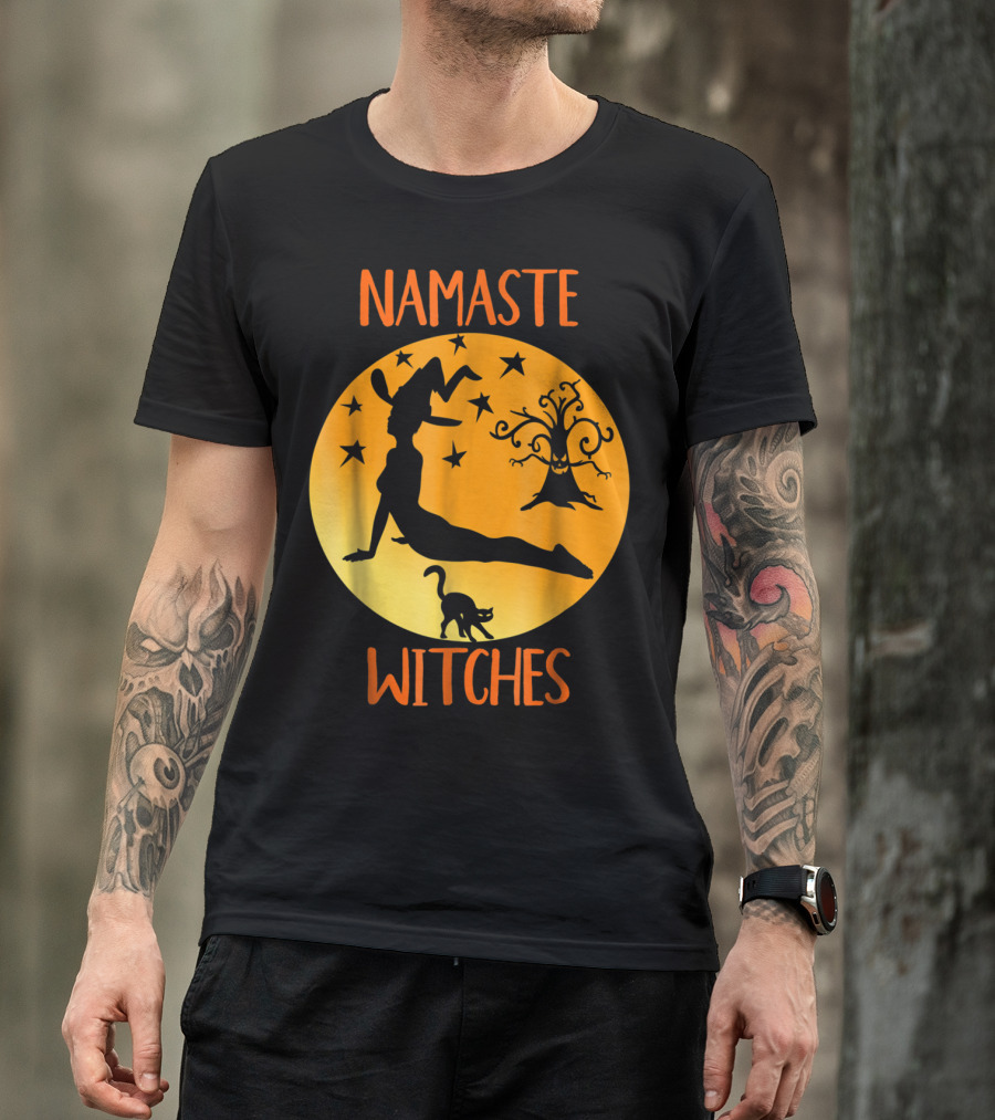 Namaste Witches Halloween Yoga Witch Silhouette With Stars And Cat T-Shirt