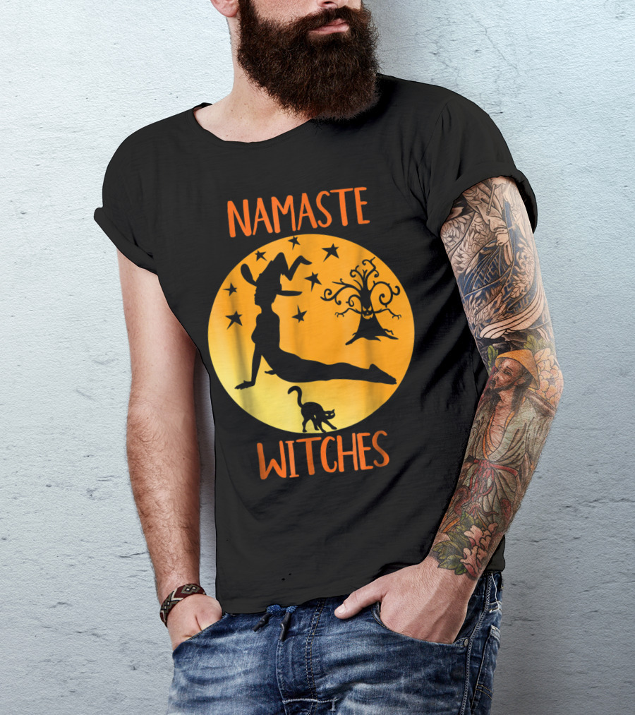 Namaste Witches Halloween Yoga Witch Silhouette With Stars And Cat T-Shirt