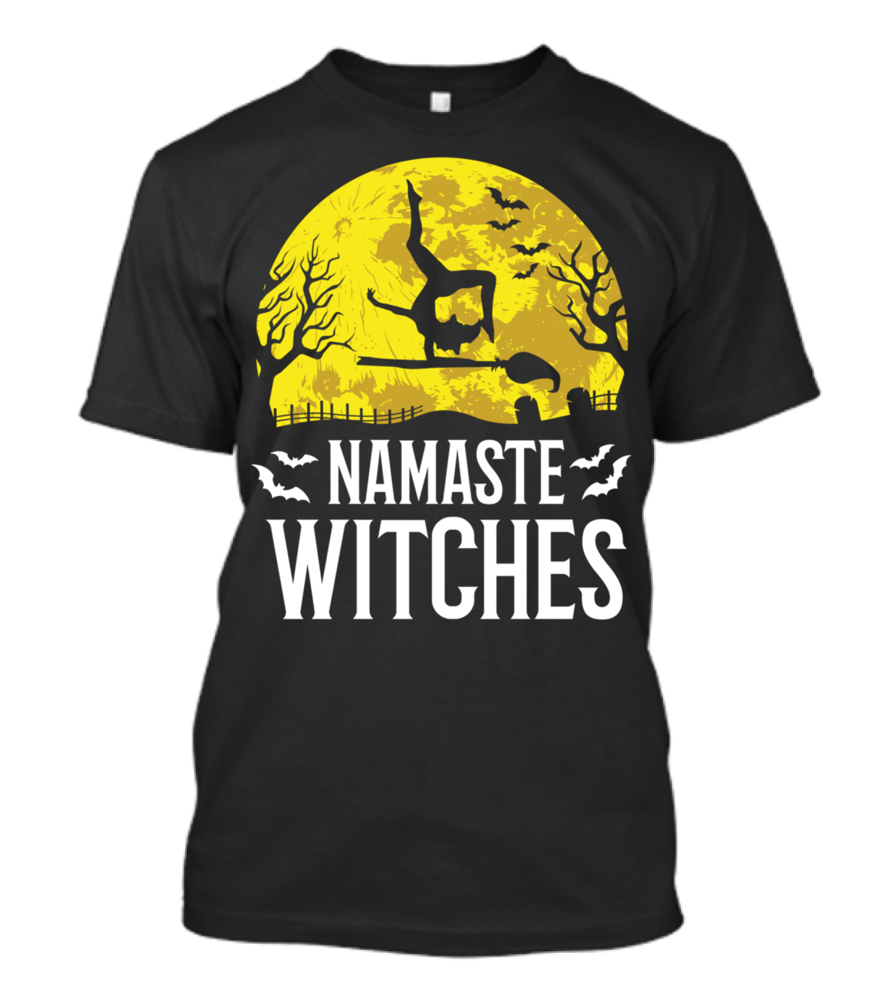 Namaste Witches Yoga Halloween Moon Bats Funny T-Shirt