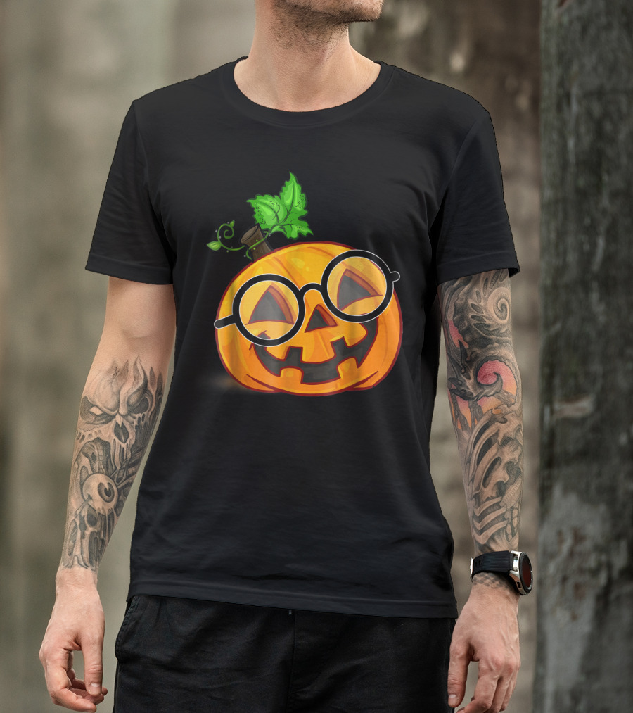 Nerdy Pumpkin Emoji With Glasses Iconic Halloween Jack-O'-Lantern T-Shirt