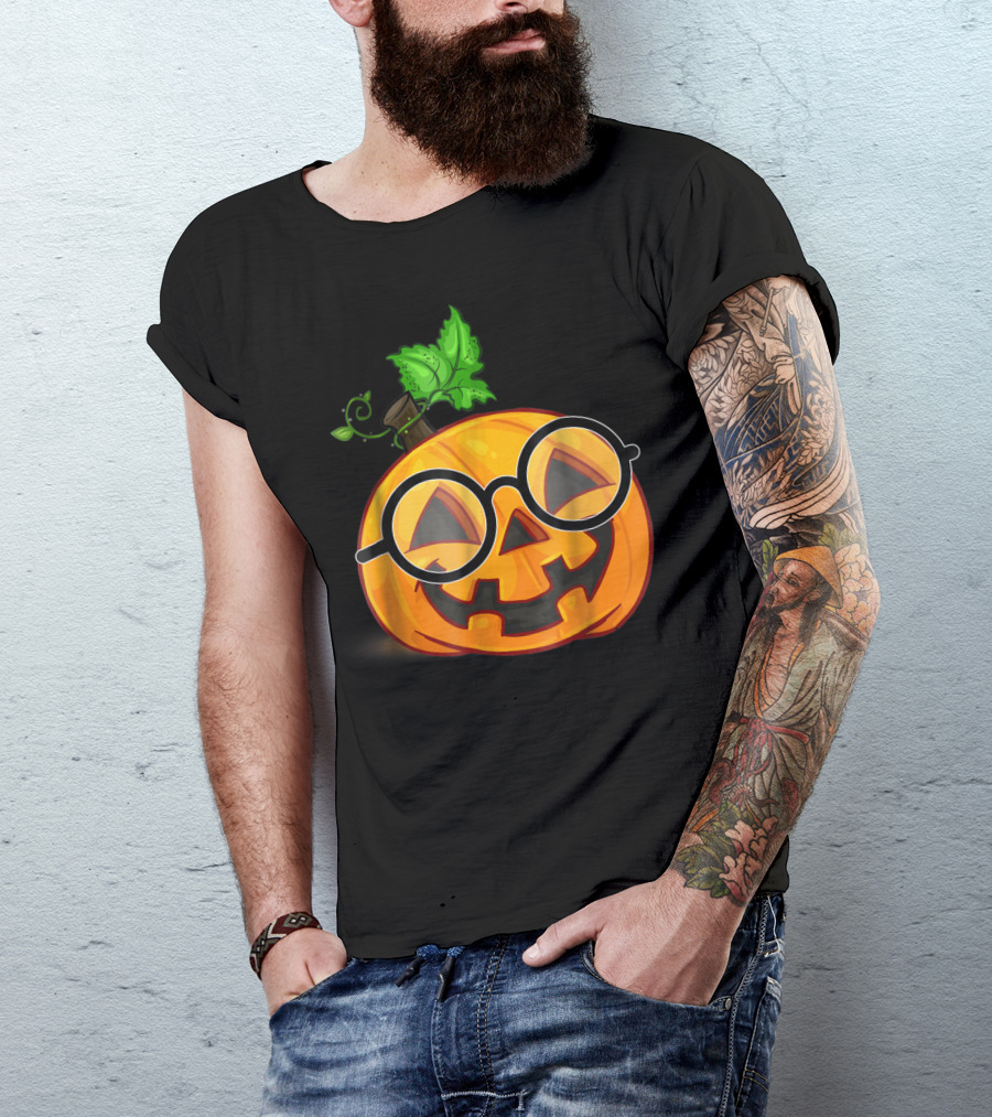 Nerdy Pumpkin Emoji With Glasses Iconic Halloween Jack-O'-Lantern T-Shirt