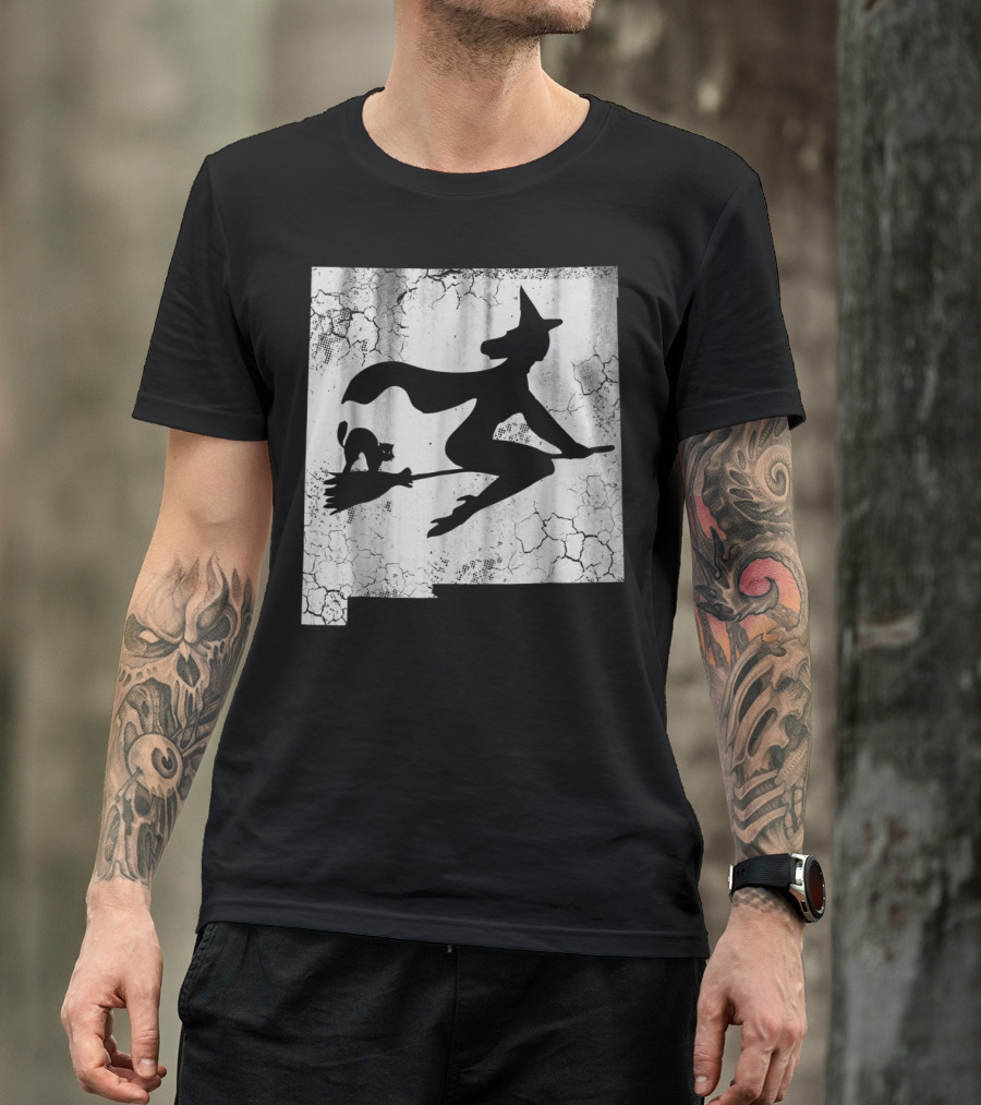 New Mexico Halloween Witch With Cat On Broom T-Shirt