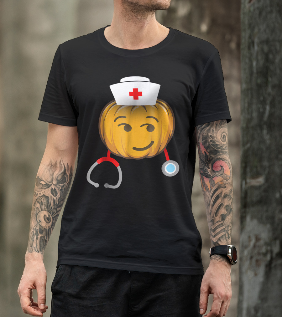 Nurse Pumpkin Emoji Wearing Smirking Face With Stethoscope And Halloween Nurse Hat T-Shirt