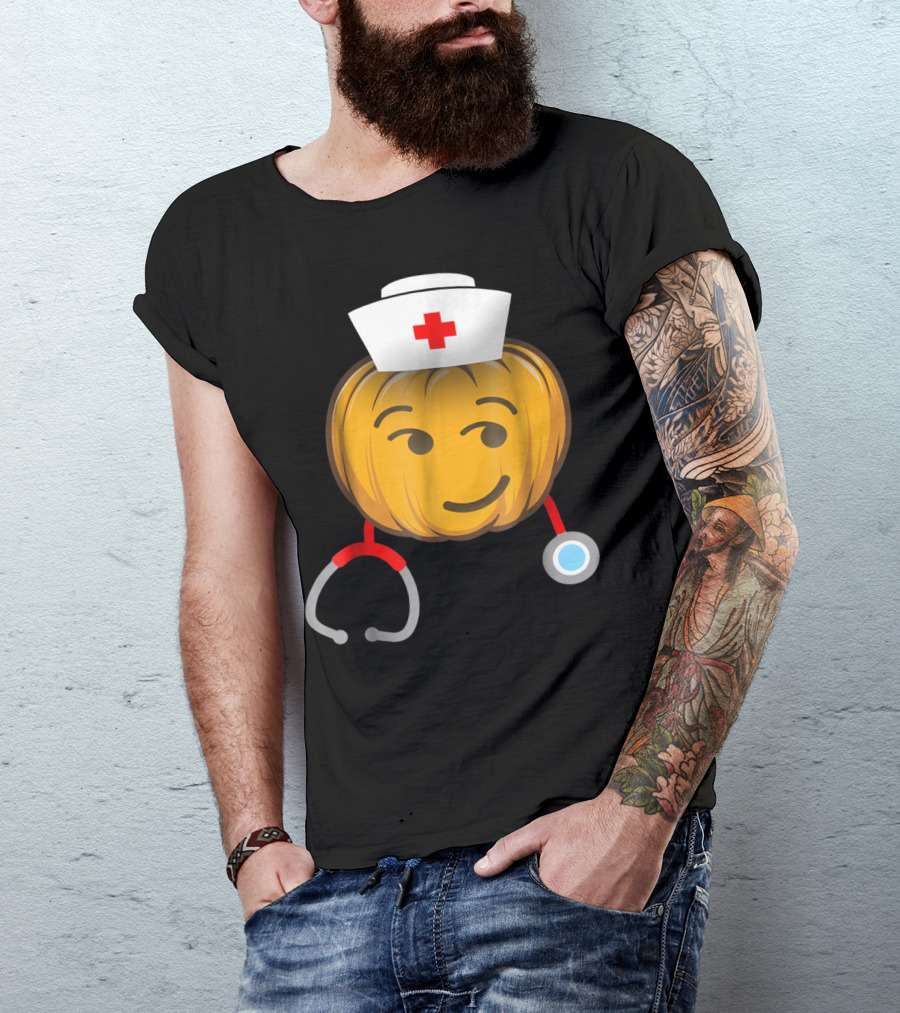 Nurse Pumpkin Emoji Wearing Smirking Face With Stethoscope And Halloween Nurse Hat T-Shirt
