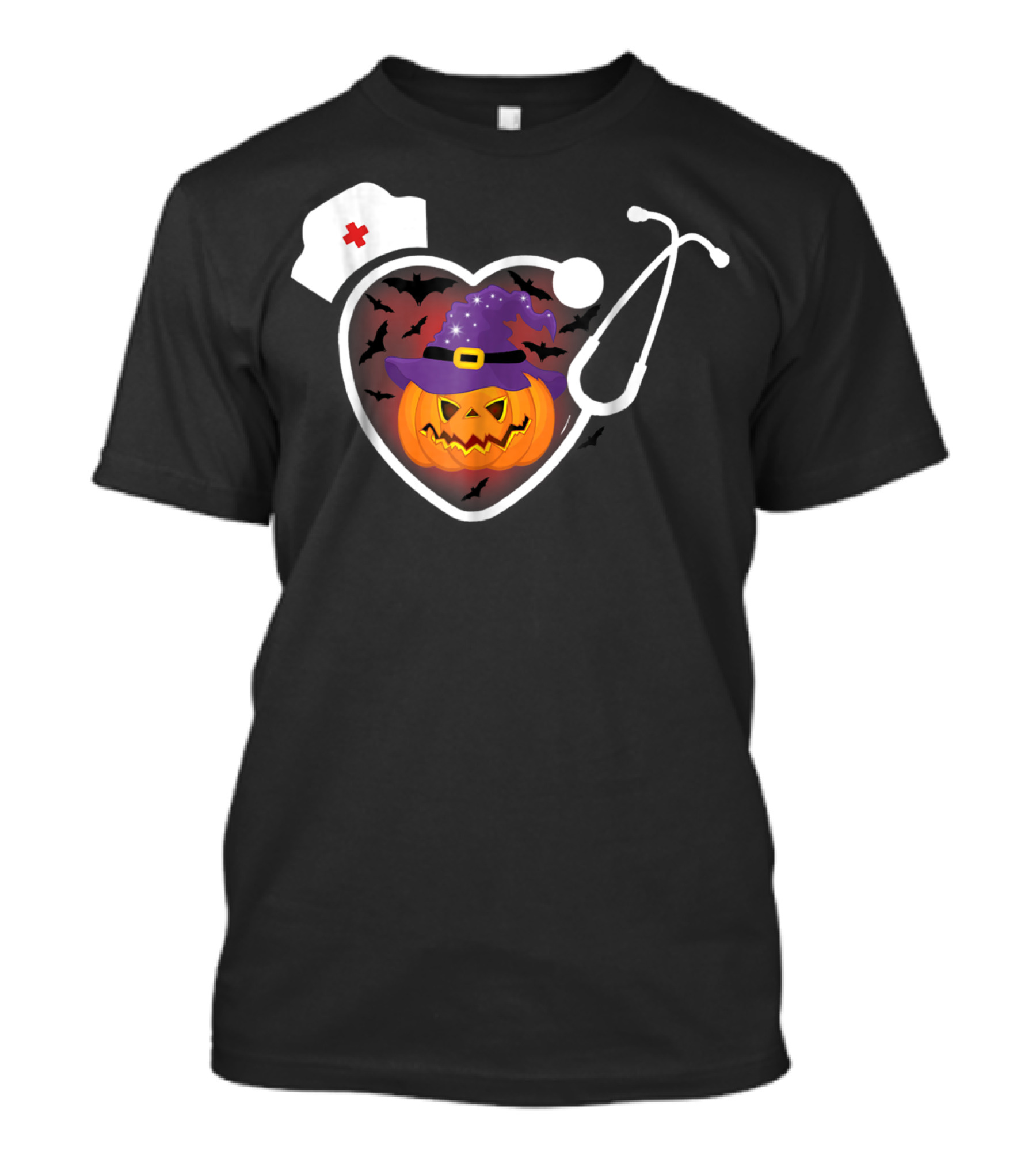 Nurse Halloween Funny Pumpkin Heart Stethoscope Hat Bats T-Shirt
