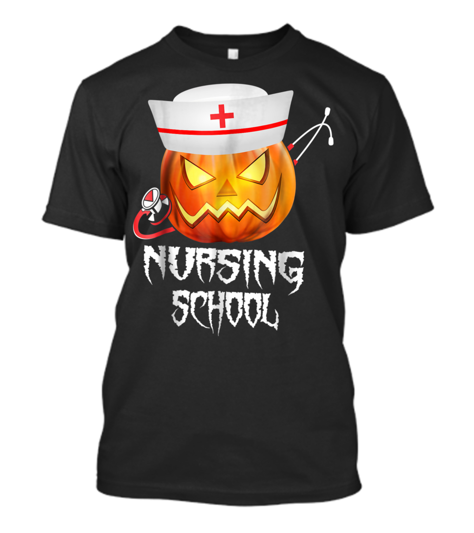 Nursing School Halloween Pumpkin With Nurse Hat And Stethoscope T-Shirt