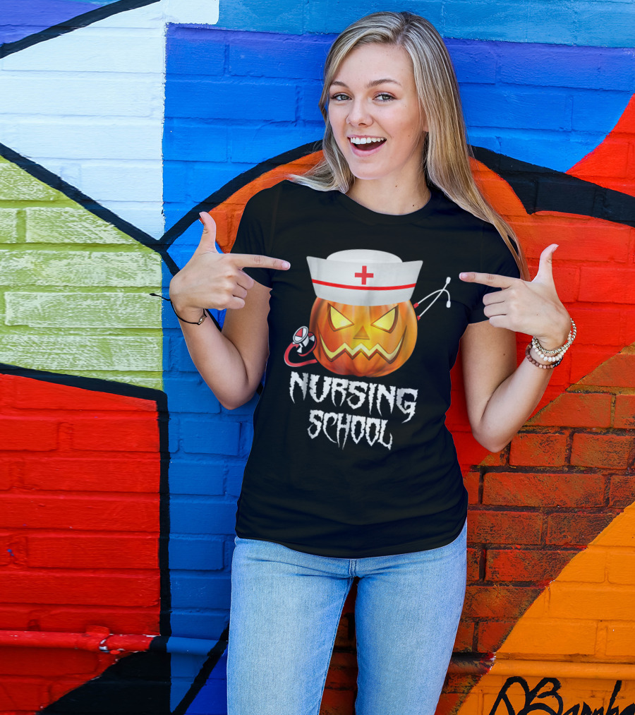 Nursing School Halloween Pumpkin With Nurse Hat And Stethoscope T-Shirt
