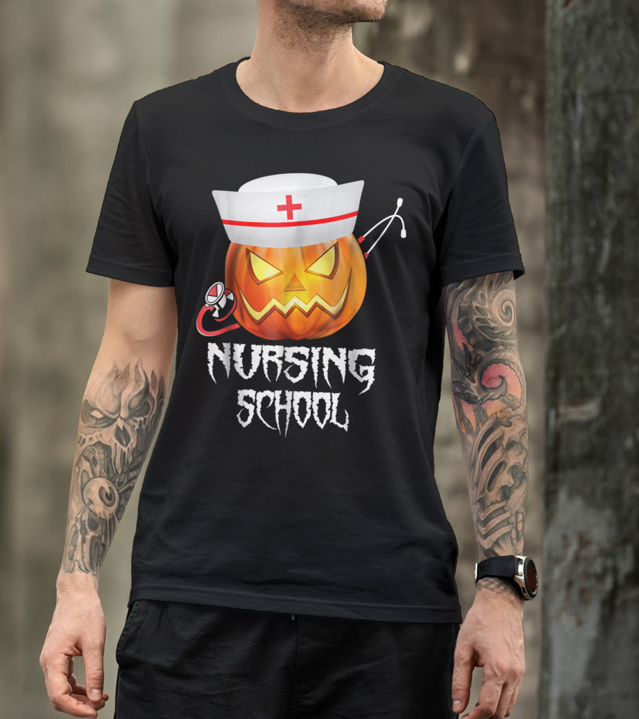 Nursing School Halloween Pumpkin With Nurse Hat And Stethoscope T-Shirt