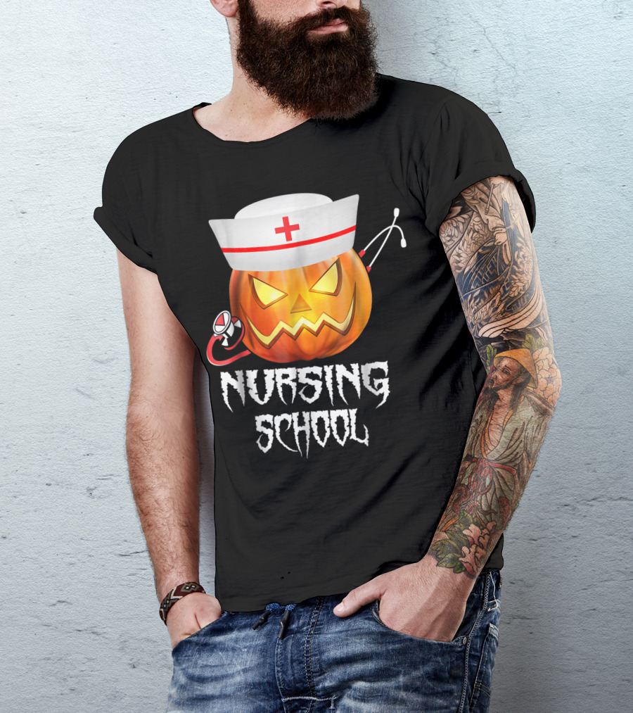 Nursing School Halloween Pumpkin With Nurse Hat And Stethoscope T-Shirt