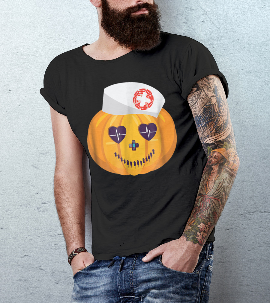 Nursing Student Halloween Pumpkin Heartbeat Nurse Cap T-Shirt