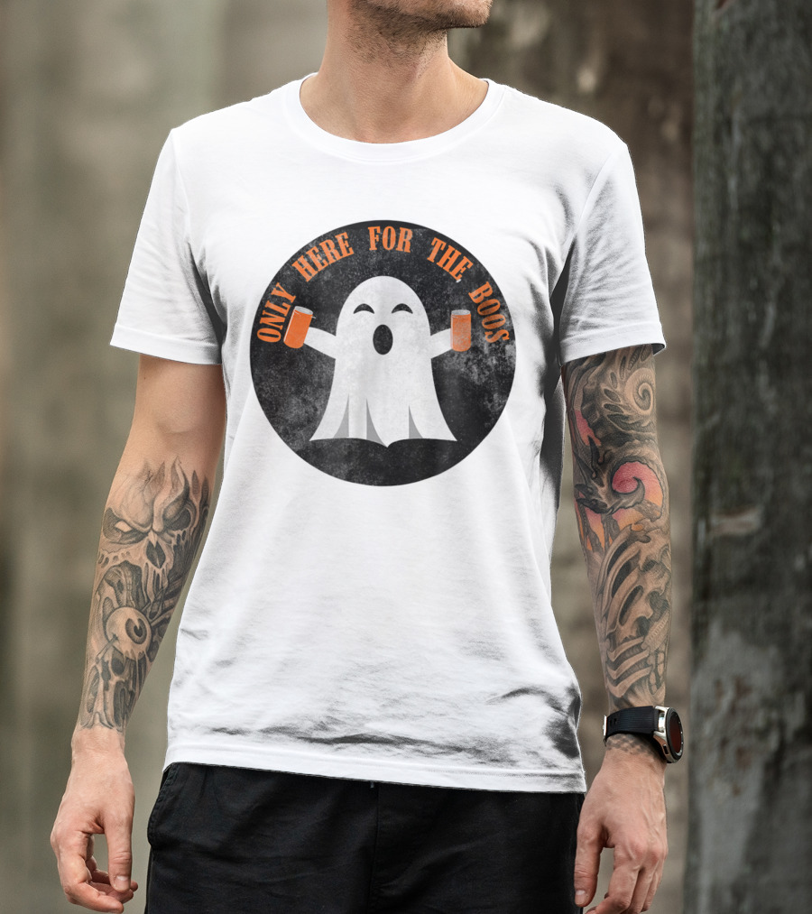 Only Here For The Boos Funny Ghost Holding Drinks T-Shirt