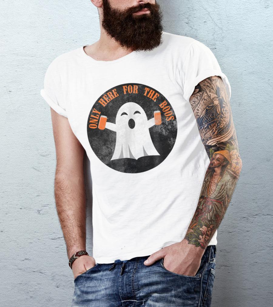 Only Here For The Boos Funny Ghost Holding Drinks T-Shirt