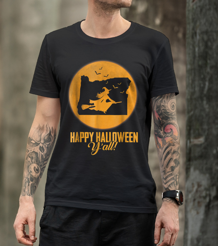 Oregon Witch Map With Happy Halloween Y'all Moon And Bats T-Shirt