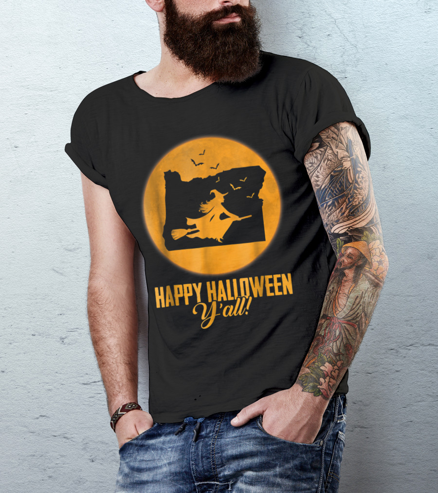 Oregon Witch Map With Happy Halloween Y'all Moon And Bats T-Shirt