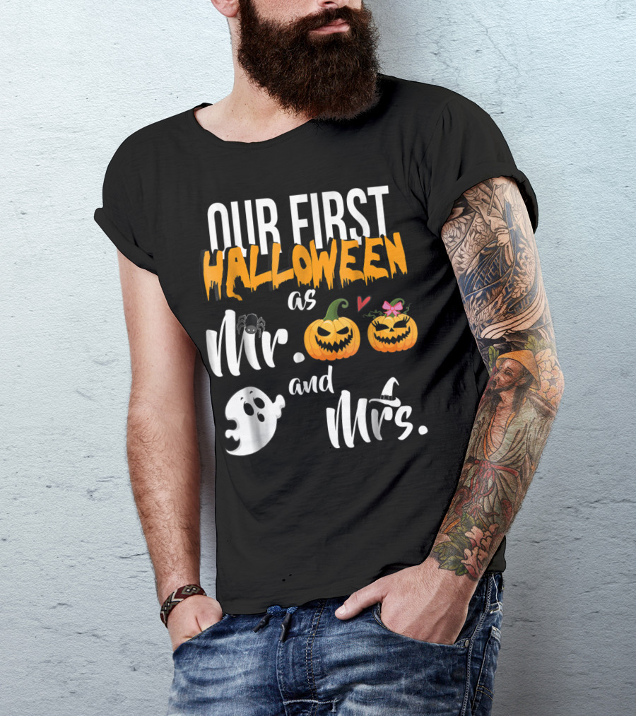 OUR FIRST HALLOWEEN AS MR AND MRS PUMPKINS GHOST SPIDER BOW T-Shirt