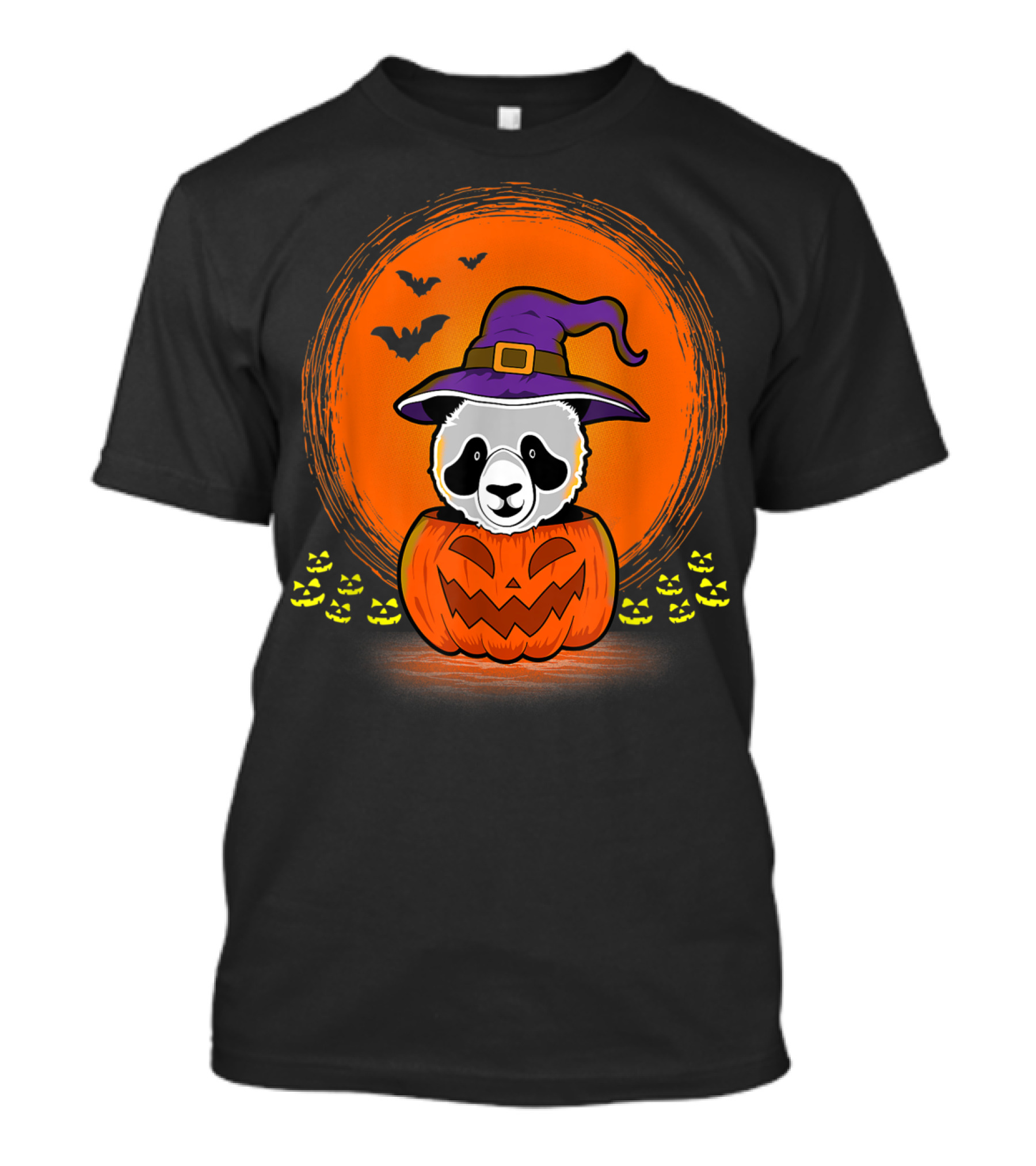 Panda Bear Halloween Pumpkin Spooky Cute Witch Hat Bats Jack-O'-Lanterns T-Shirt