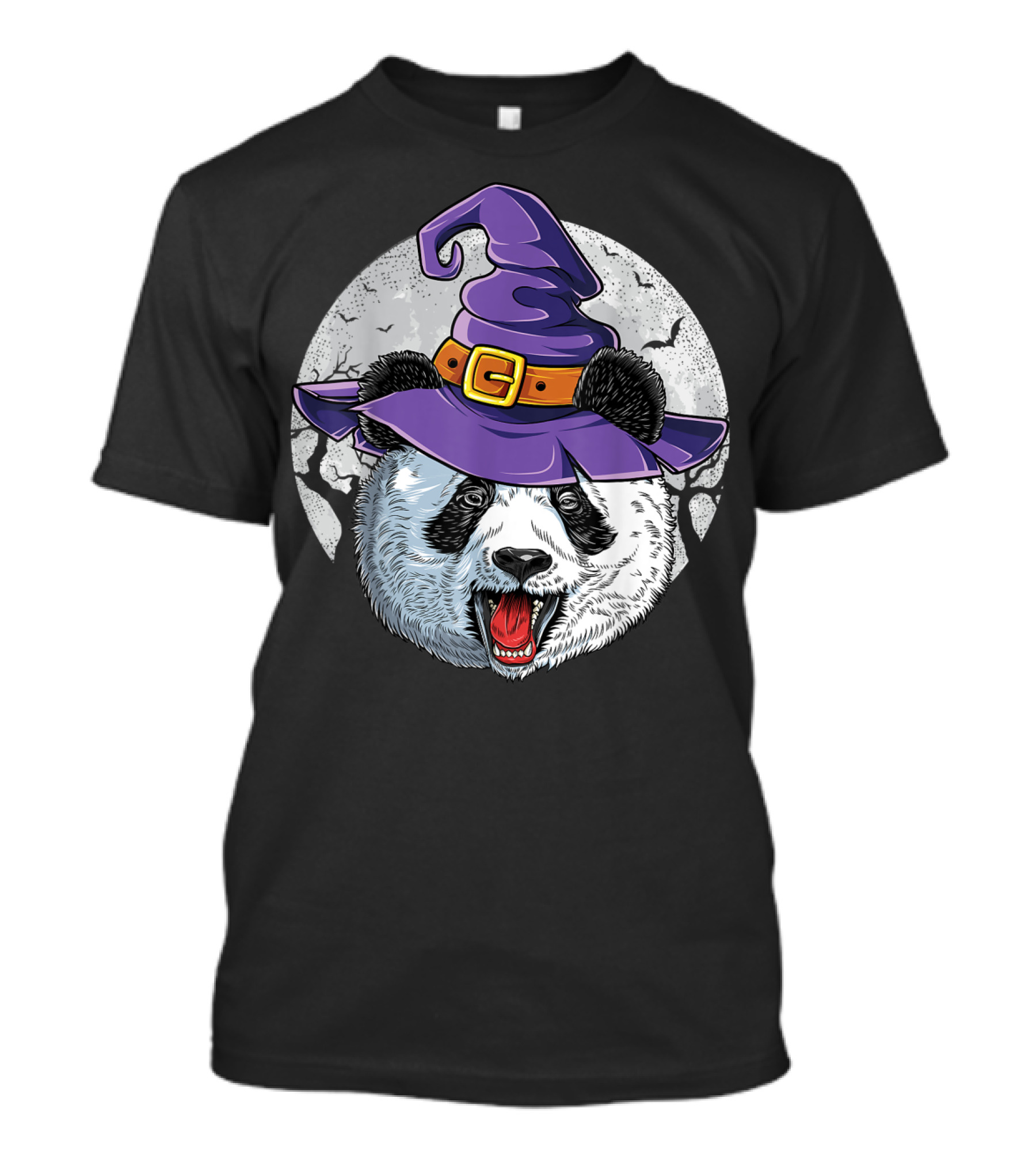 Panda Witch Halloween Spooky Hat And Full Moon T-Shirt