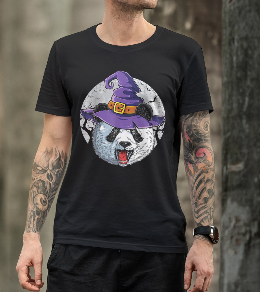 Panda Witch Halloween Spooky Hat And Full Moon T-Shirt