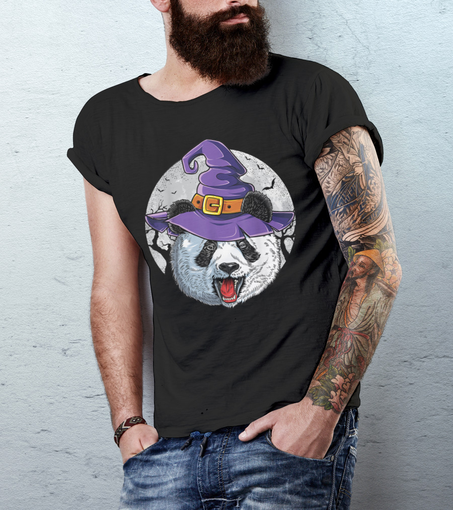 Panda Witch Halloween Spooky Hat And Full Moon T-Shirt