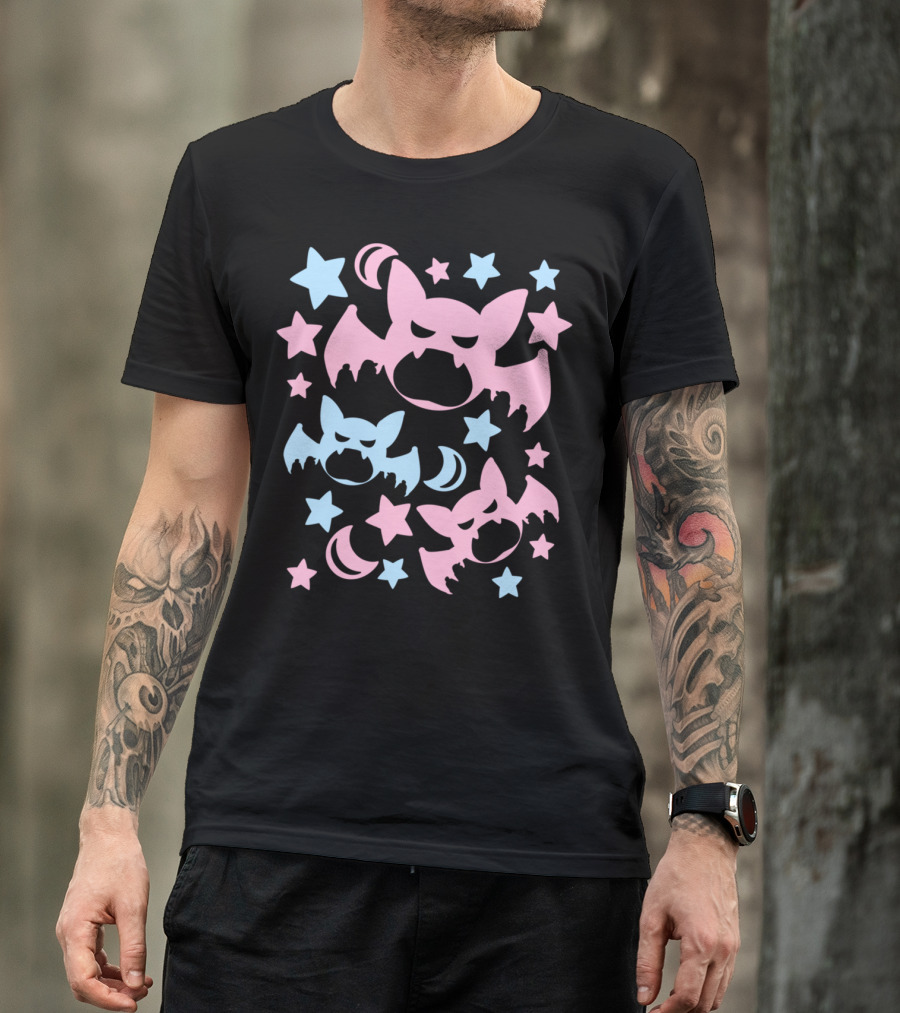 Pastel Goth Gothic Pink And Blue Bats Stars And Moons T-Shirt