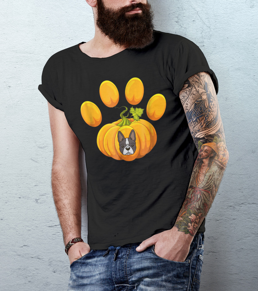 Paw Print Pumpkin Halloween Boston Terrier Pawpkin T-Shirt