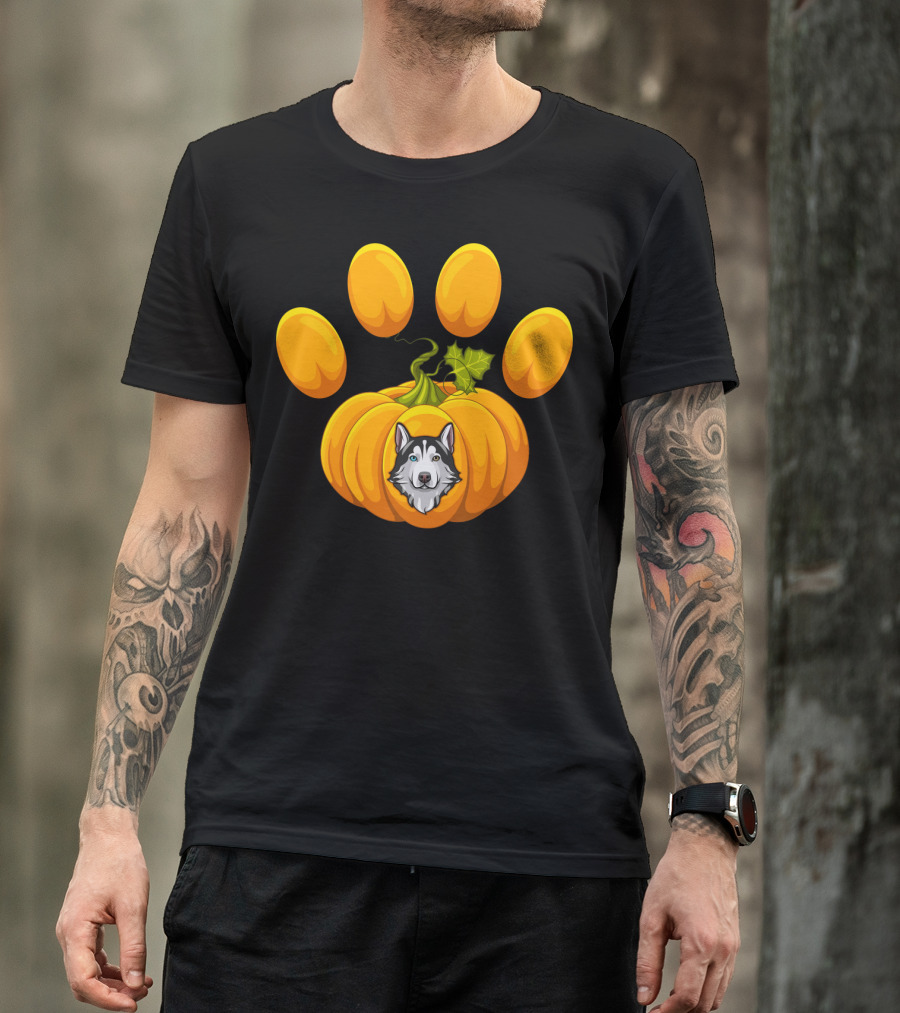 Paw Print Pumpkin Halloween Siberian Husky Pawpkin T-Shirt