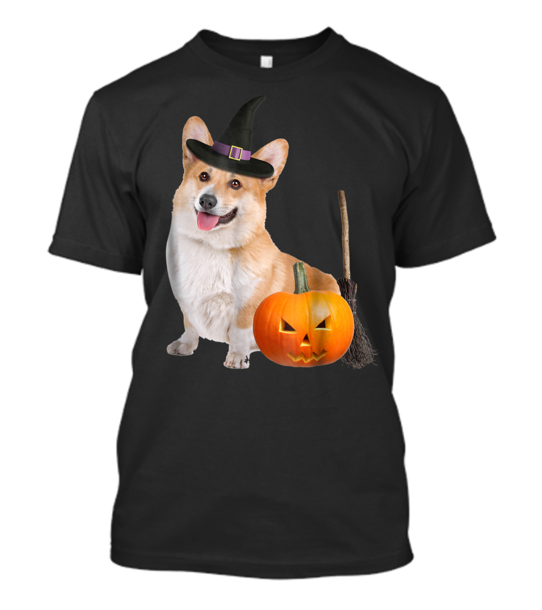 Pembroke Welsh Corgi Witch Hat Halloween Dog Pumpkin Broom T-Shirt