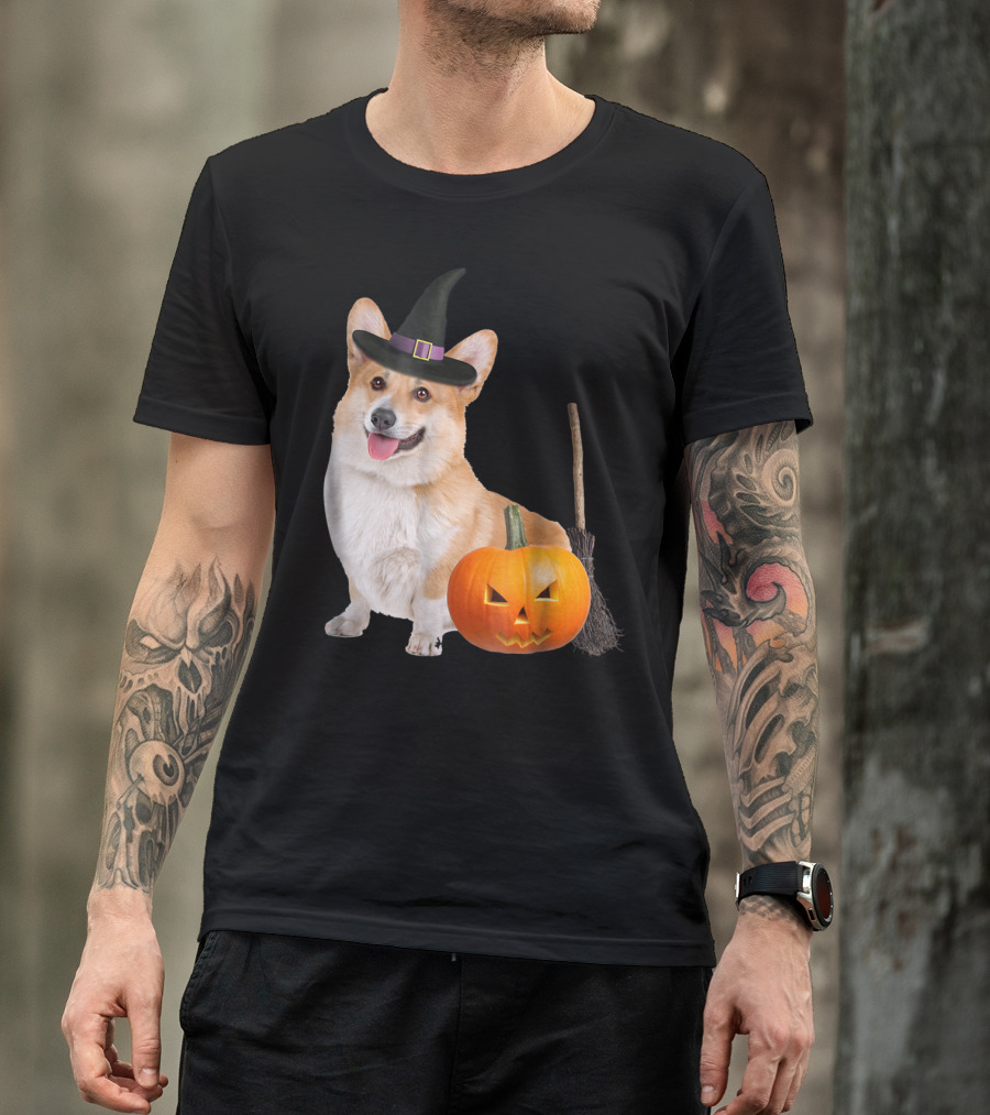 Pembroke Welsh Corgi Witch Hat Halloween Dog Pumpkin Broom T-Shirt