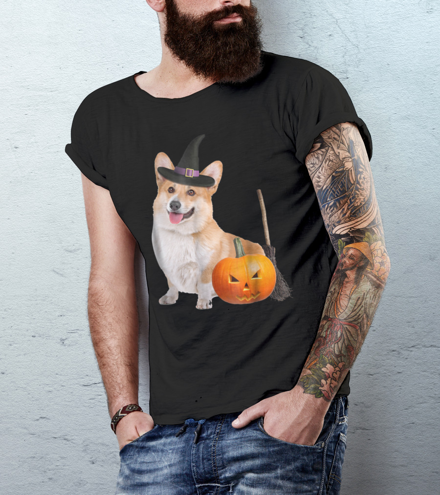 Pembroke Welsh Corgi Witch Hat Halloween Dog Pumpkin Broom T-Shirt