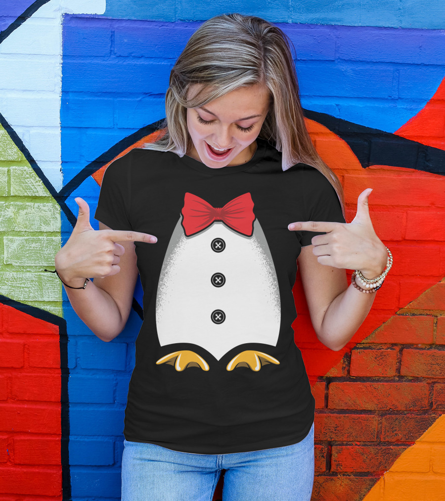 Penguin Tuxedo Red Bow Tie Yellow Feet Black Buttons T-Shirt