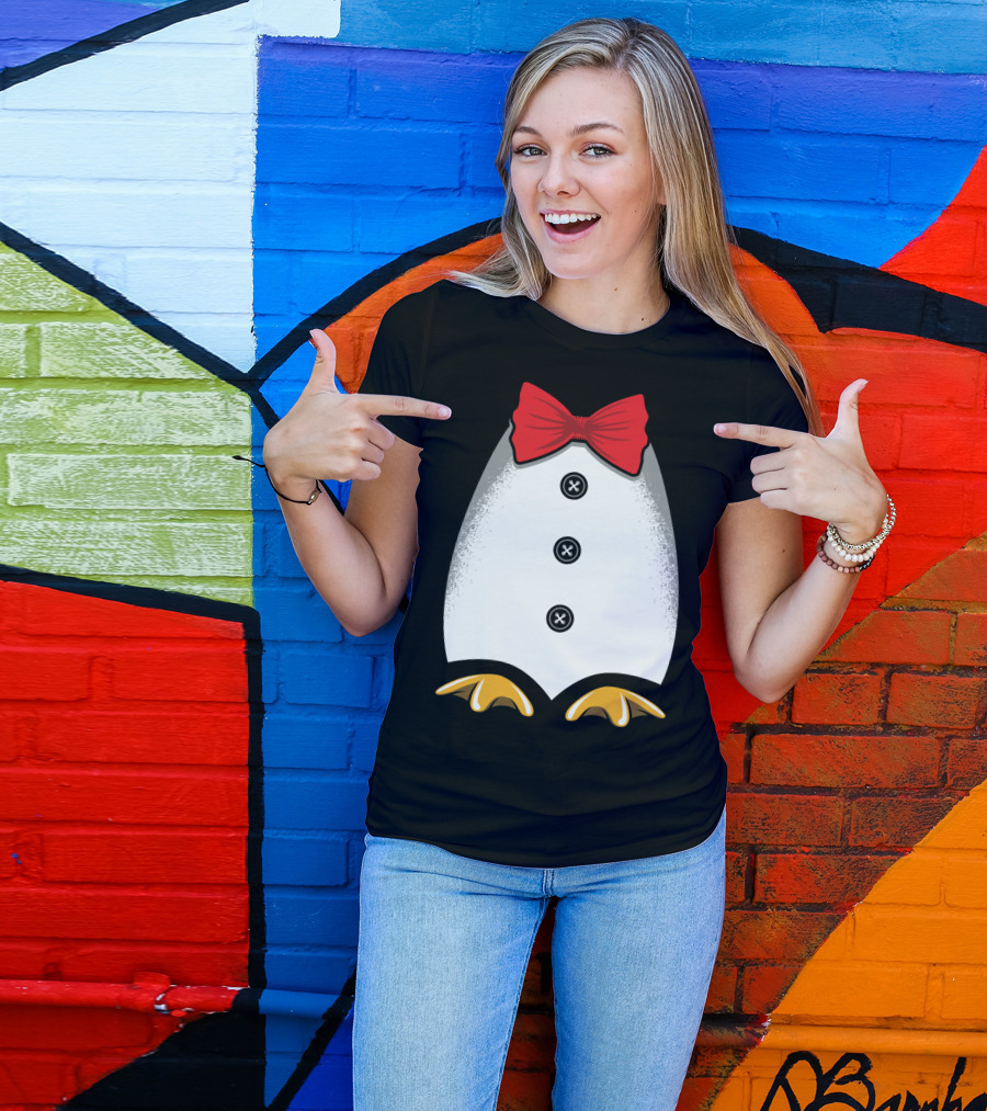 Penguin Tuxedo Red Bow Tie Yellow Feet Black Buttons T-Shirt