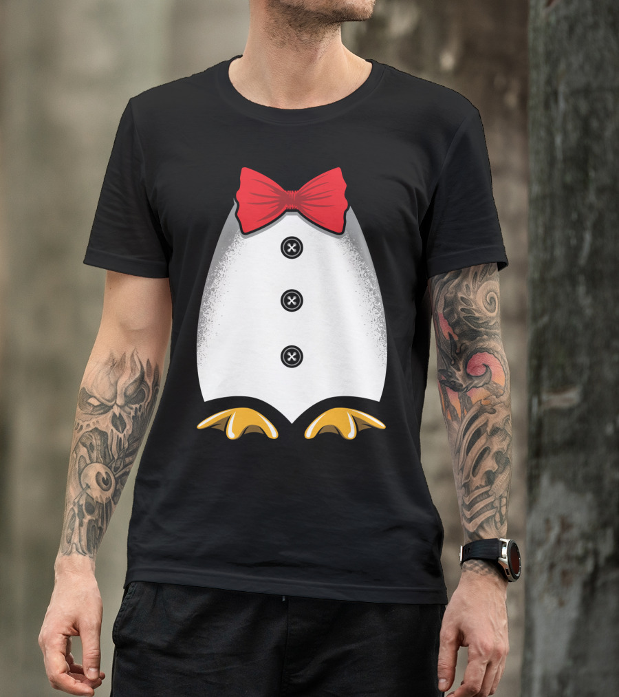 Penguin Tuxedo Red Bow Tie Yellow Feet Black Buttons T-Shirt