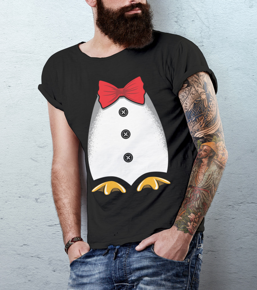 Penguin Tuxedo Red Bow Tie Yellow Feet Black Buttons T-Shirt