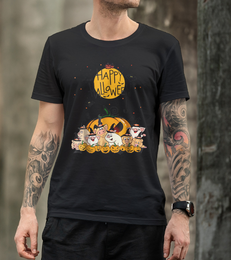 Happy Halloween Pigs Pumpkin Bats T-Shirt