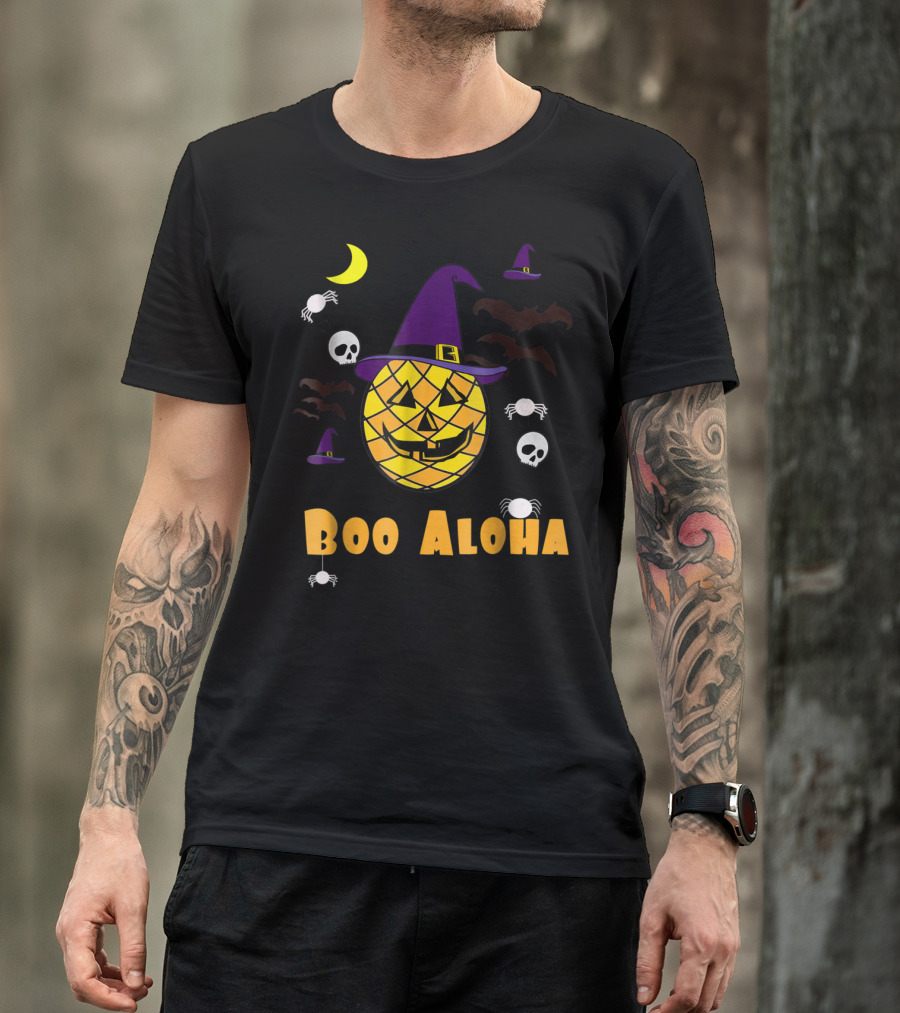 Boo Aloha Pineapple Pumpkin Halloween Funny Skulls Bats Spiders Moon Wizard Hat T-Shirt
