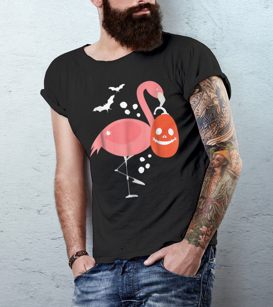Pink Flamingo Halloween Bat Pumpkin Spider T-Shirt