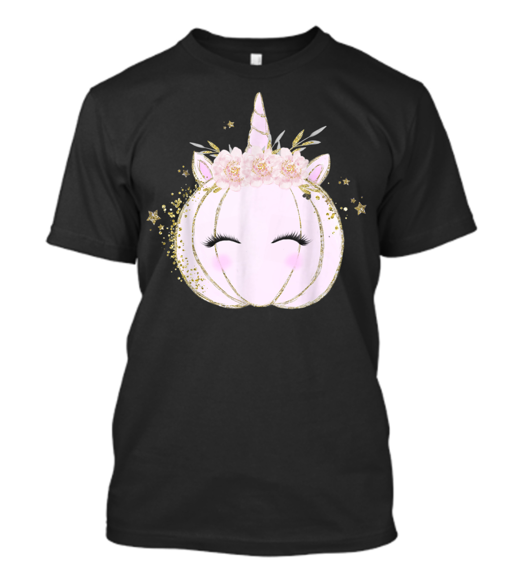 Pink Unicorn Pumpkin Halloween Girls Face Sparkles T-Shirt