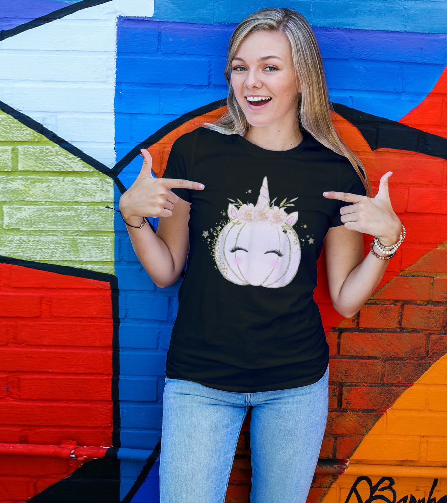 Pink Unicorn Pumpkin Halloween Girls Face Sparkles T-Shirt