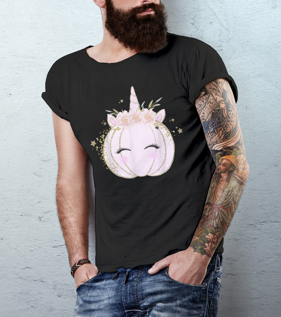 Pink Unicorn Pumpkin Halloween Girls Face Sparkles T-Shirt