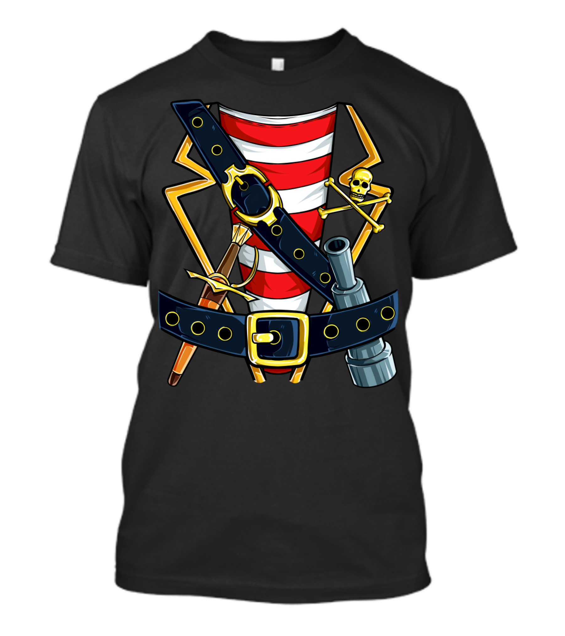 Pirate Buccaneer Striped Garb With Skull And Crossbones Emblem T-Shirt