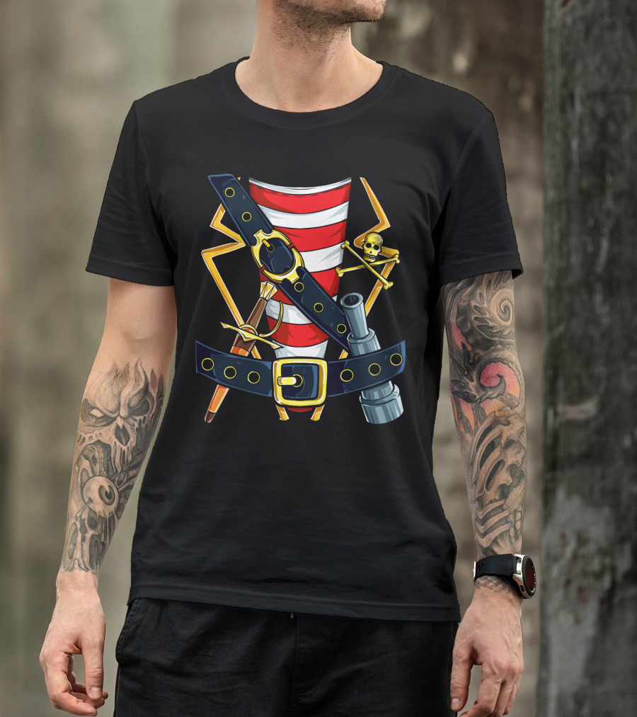 Pirate Buccaneer Striped Garb With Skull And Crossbones Emblem T-Shirt