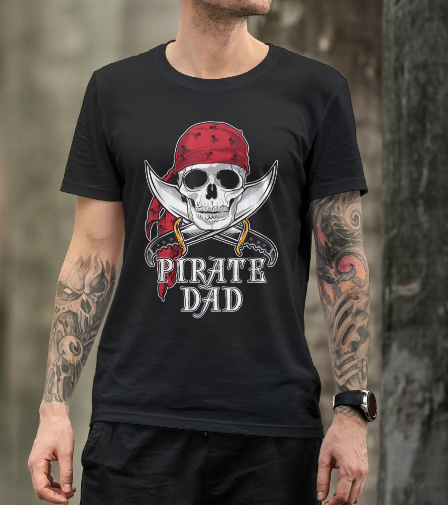 Pirate Dad Skull With Bandana And Swords For Halloween T-Shirt
