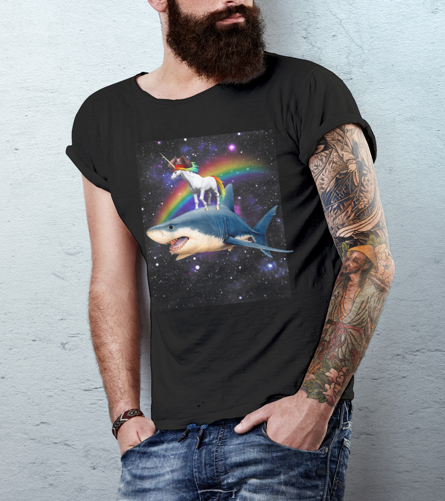 Pirate Day And Halloween Space Pirate Unicorn Riding Shark In Rainbow Galaxy T-Shirt