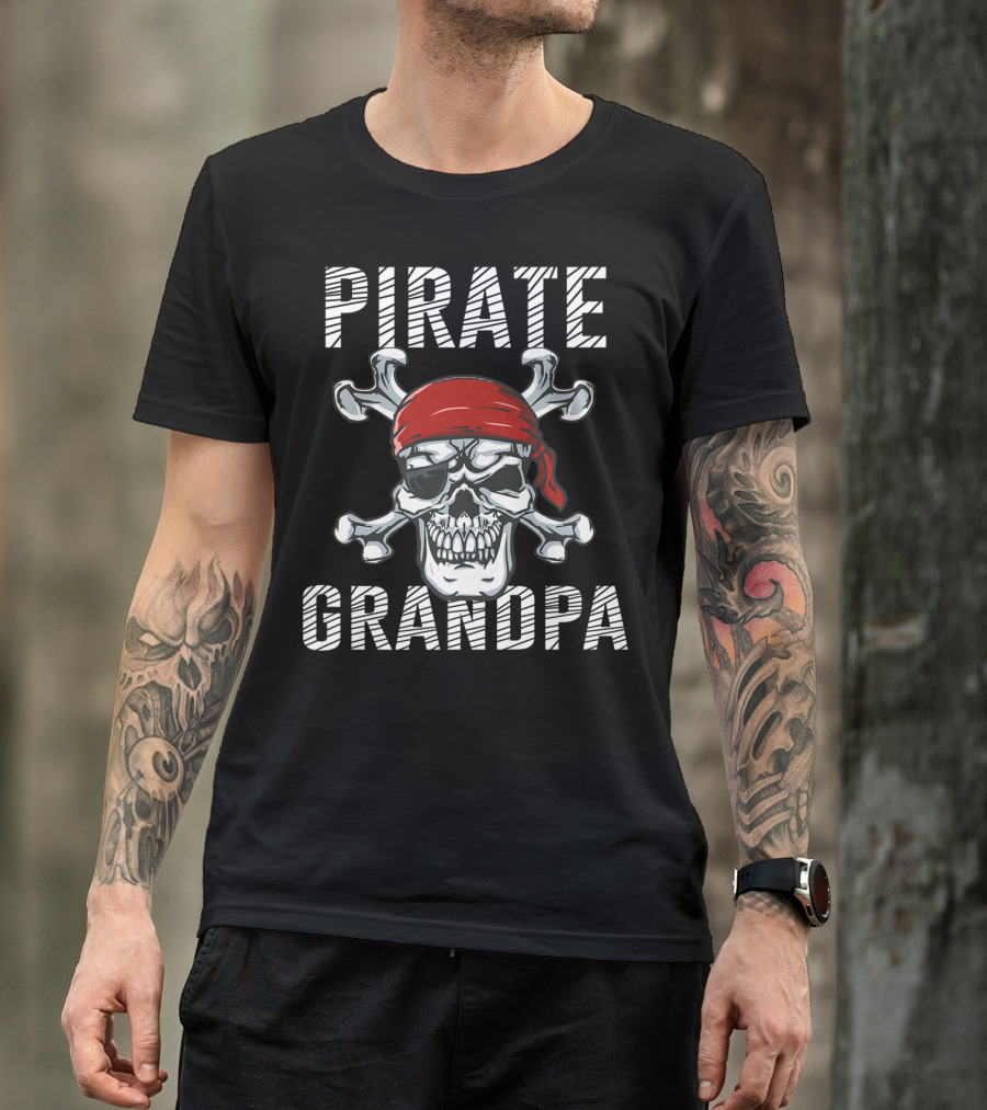 Pirate Grandpa Skull Red Bandana Crossbones T-Shirt