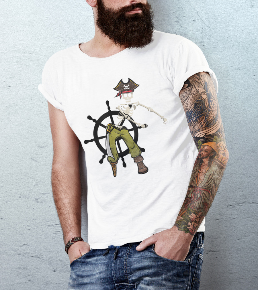 Pirate Skeleton Floss Dance Halloween With Ship Wheel T-Shirt